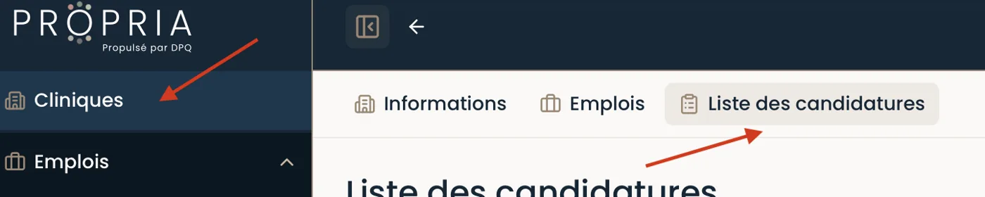 Onglet Liste des candidatures dans la fiche de la clinique