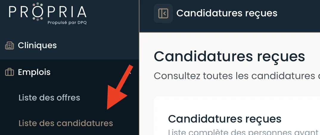 Candidatures reçues dans le menu Emplois