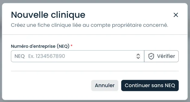 Fenêtre Nouvelle clinique avec le champ NEQ