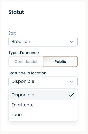 Statut de la location : Disponible, En attente, Loué