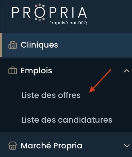 Menu Emplois avec Liste des offres