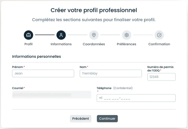 Informations personnelles du profil