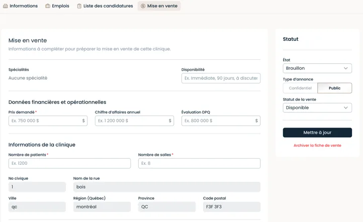 Formulaire de mise en vente