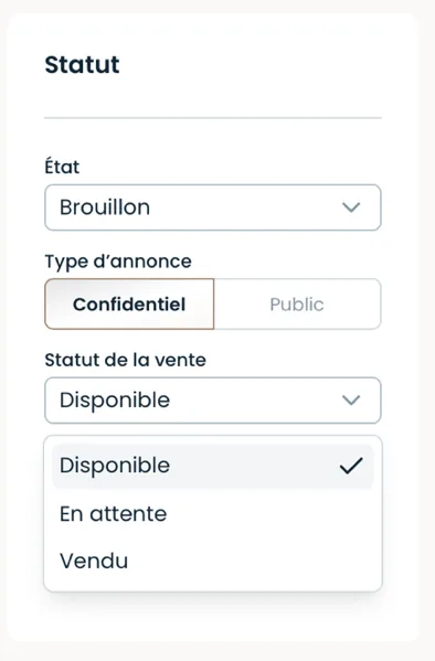 Statut de la vente : Disponible, En attente, Vendu
