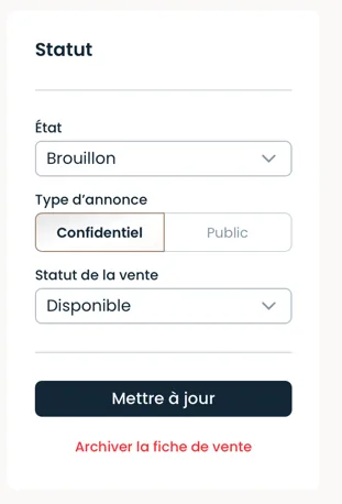 Bloc Statut : état, type d'annonce, statut de la vente